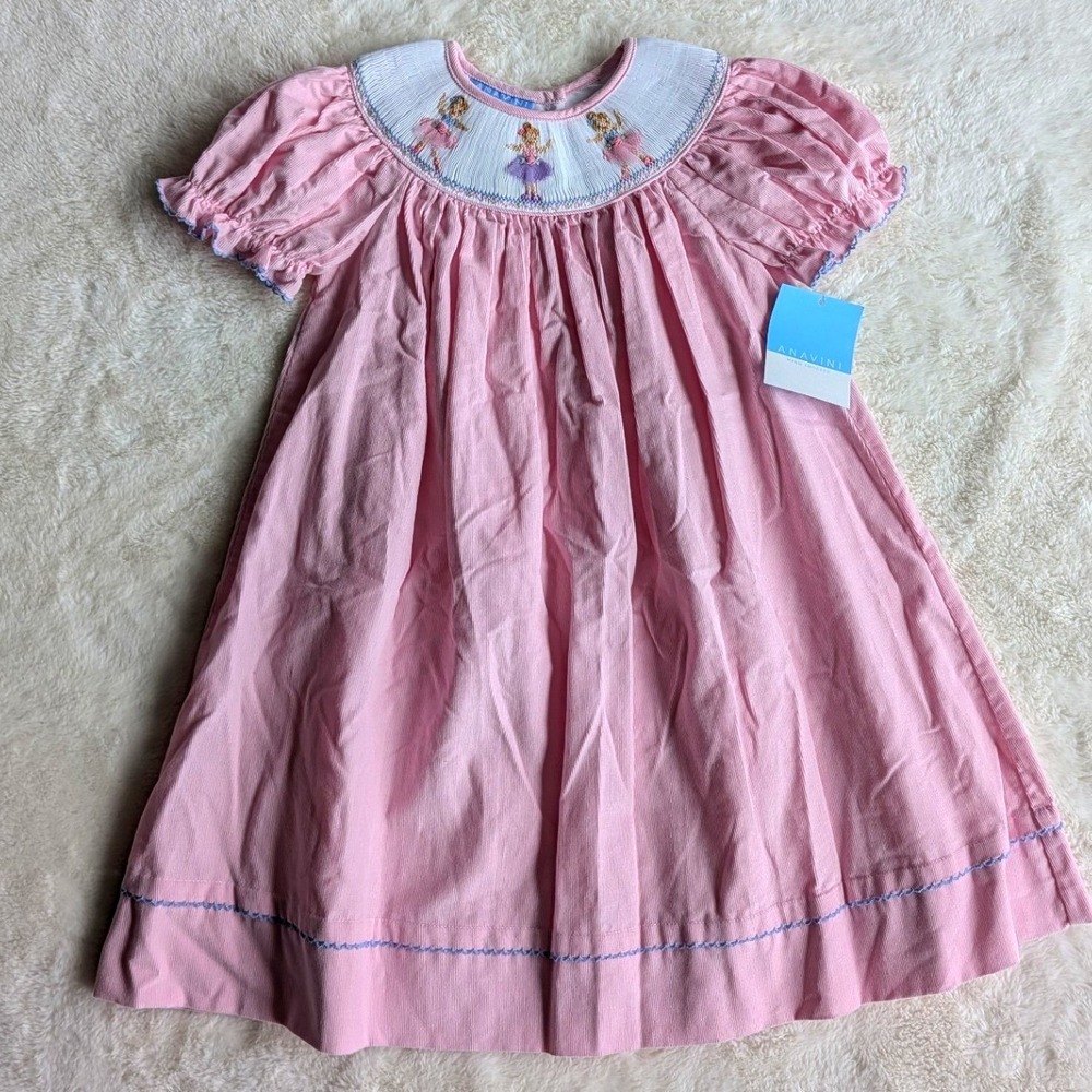 Anavini Girls Pink Corduroy Hand Smocked Ballerina Bishop Dress 4T NEW!